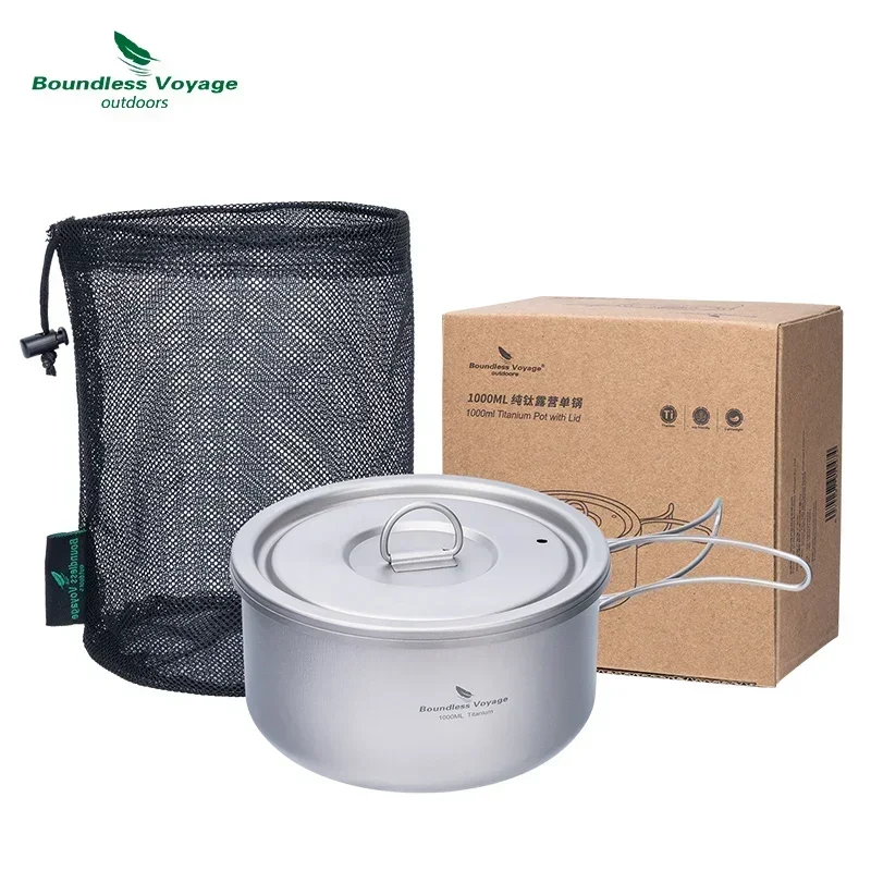 Boundless Voyage 1000ml Titanium Cooking Pot with Lid Single Layer Cookware Tableware for Soup Rice Kitchen Tool /Folding Handle