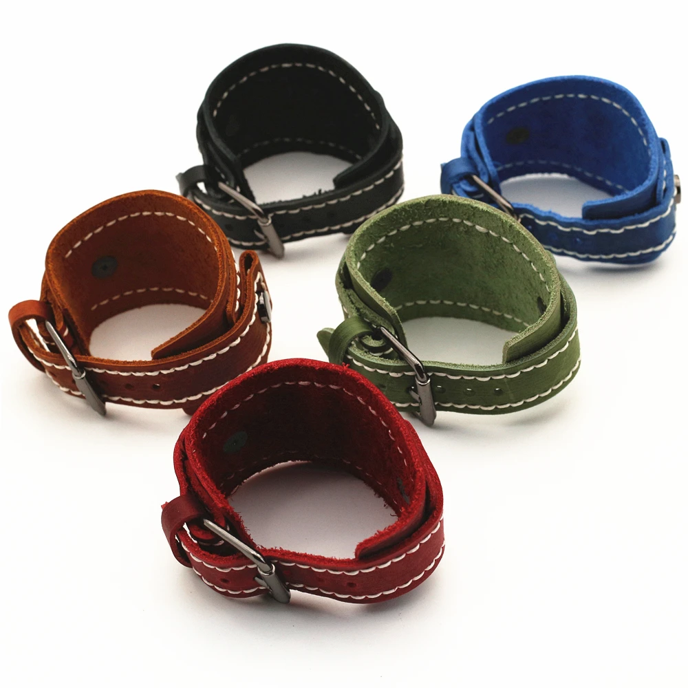 Handmade Stitched Watchband Punk Vintage Brown Black Red Genuine Leather Belt Watch Strap Men Bracelet Jewelry