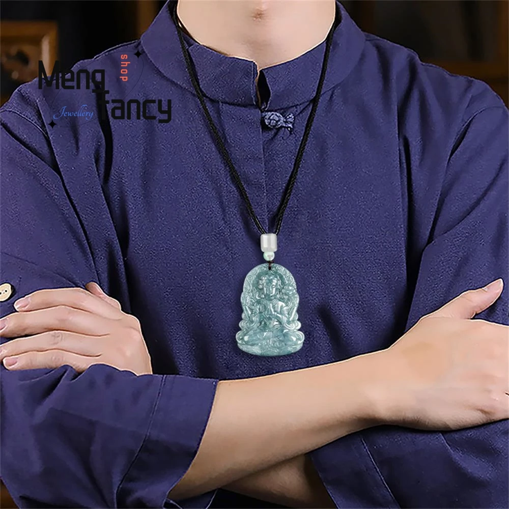 Natural A-goods Jadeite Blue Water Four-armed Goddess of Mercy Ice Jade Pendant High-grade Fashion Luxury Jewelry Holiday Gifts