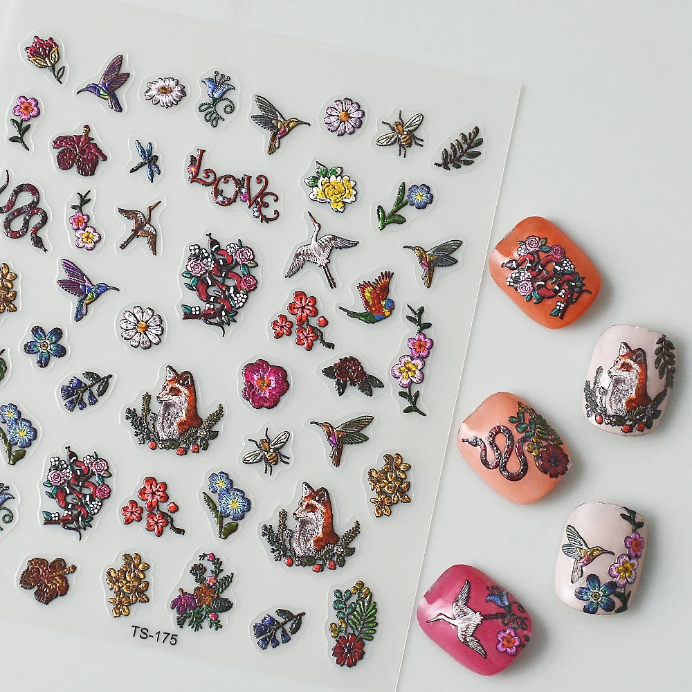 

Животные и цветы 5D наклейки для ногтей тисненые ногти наклейки самоклеящиеся Слайдеры для женщин