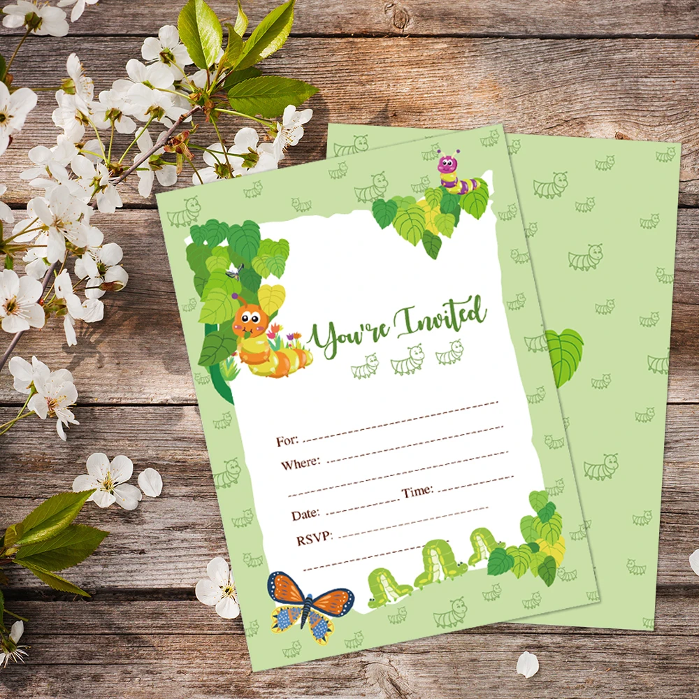 

10pcs Cartoon Anime Caterpillar Spring Insect Butterfly Birthday Party Paper Greeting Invitation Cards Baby Shower Party Decors