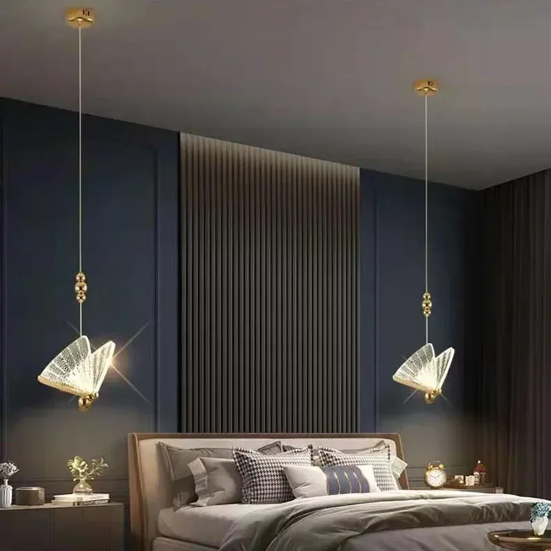 Modern LED Pendant Lights Luxury Creative Chandeliers Butterfly Single Double Head Nordic Bedside Long-line Hanging Lamp 3