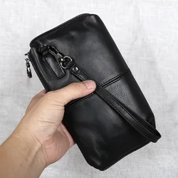 Men's Genuine Leather Retro Casual Wallet - Soft Cowhide with Large Capacity and Zippered Phone Compartment (Classic Black)