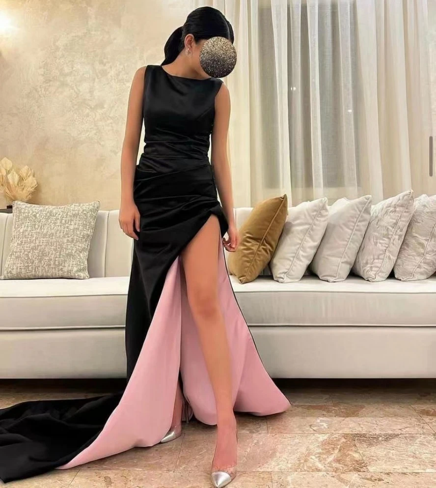 

Fashionvane Black Mermaid Prom Dresses Contrast Pink Inner Side Slit Long Maid of Honor Wedding Party Zipper Back Evening Gowns