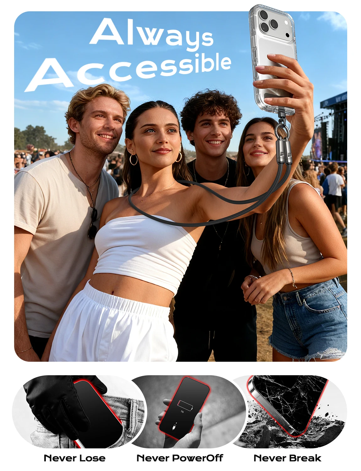 Universal Phone Lanyard Charger: 240W USB-C to Type-C Data Cable