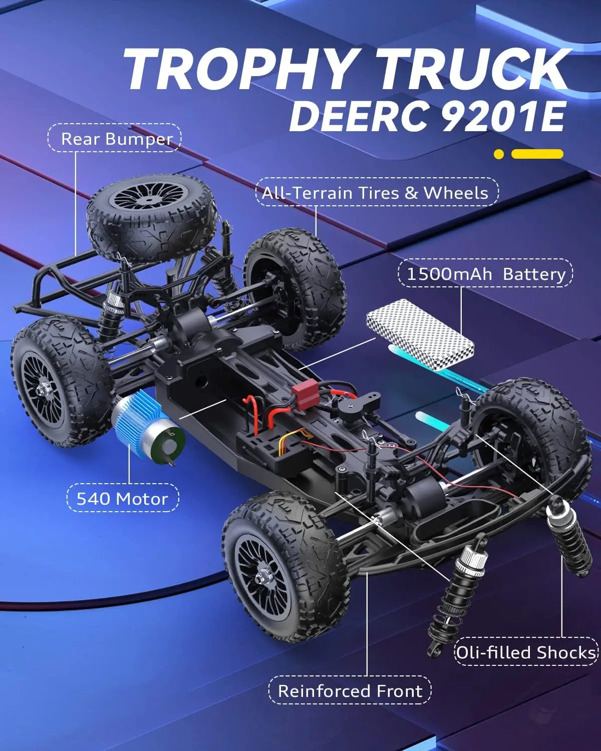 9201E 1:10 Large Remote Control Truck with Lights, Fast Short Course RC Car, 48 km/h 4x4 Off-Road Hobby Grade Toy Monster