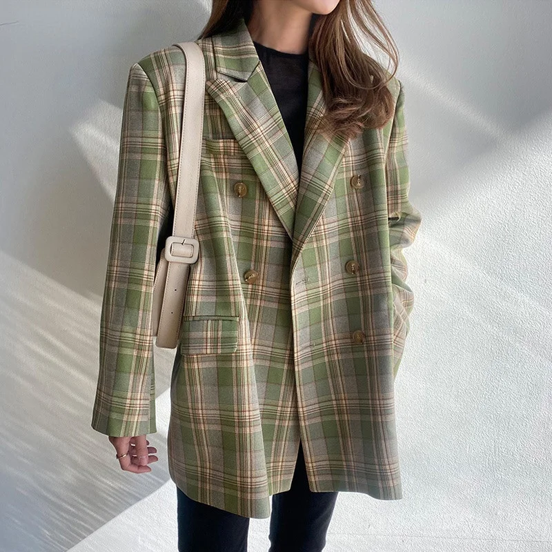 

2022 Spring Vintage Loose Double Breasted Jacket Fall Women Casual Long Sleeve Plaid Blazer Chic Stylish Ladies Suit Jackets