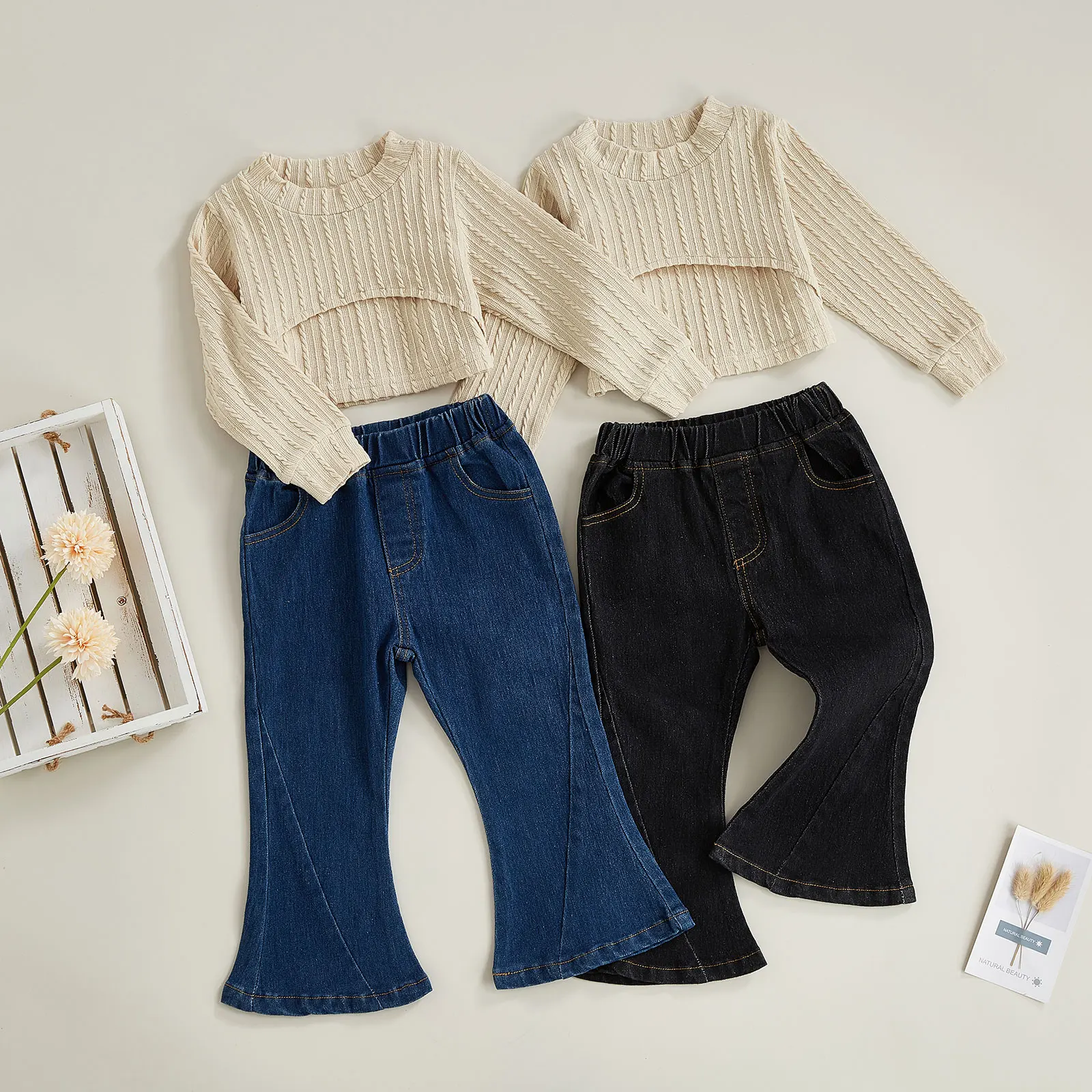 Toddler Girls Autumn Outfit Sets Long Sleeve High Neck Tops + Solid