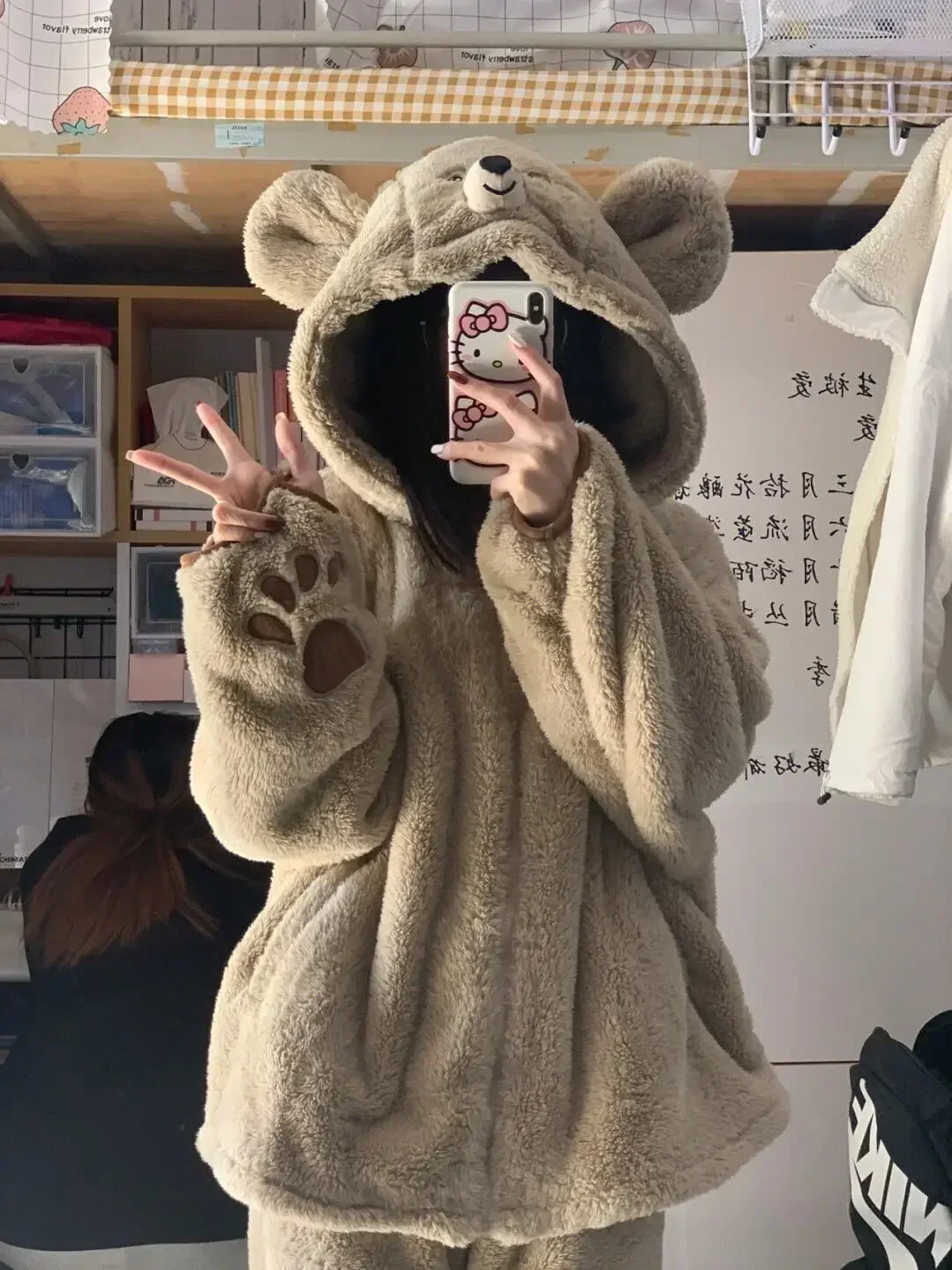 2024 Autumn/winter New Hooded Pajamas Women Long Sleeve Flange Cartoon Bear Thickened Homewear Ladies Plush Set Pajamas for