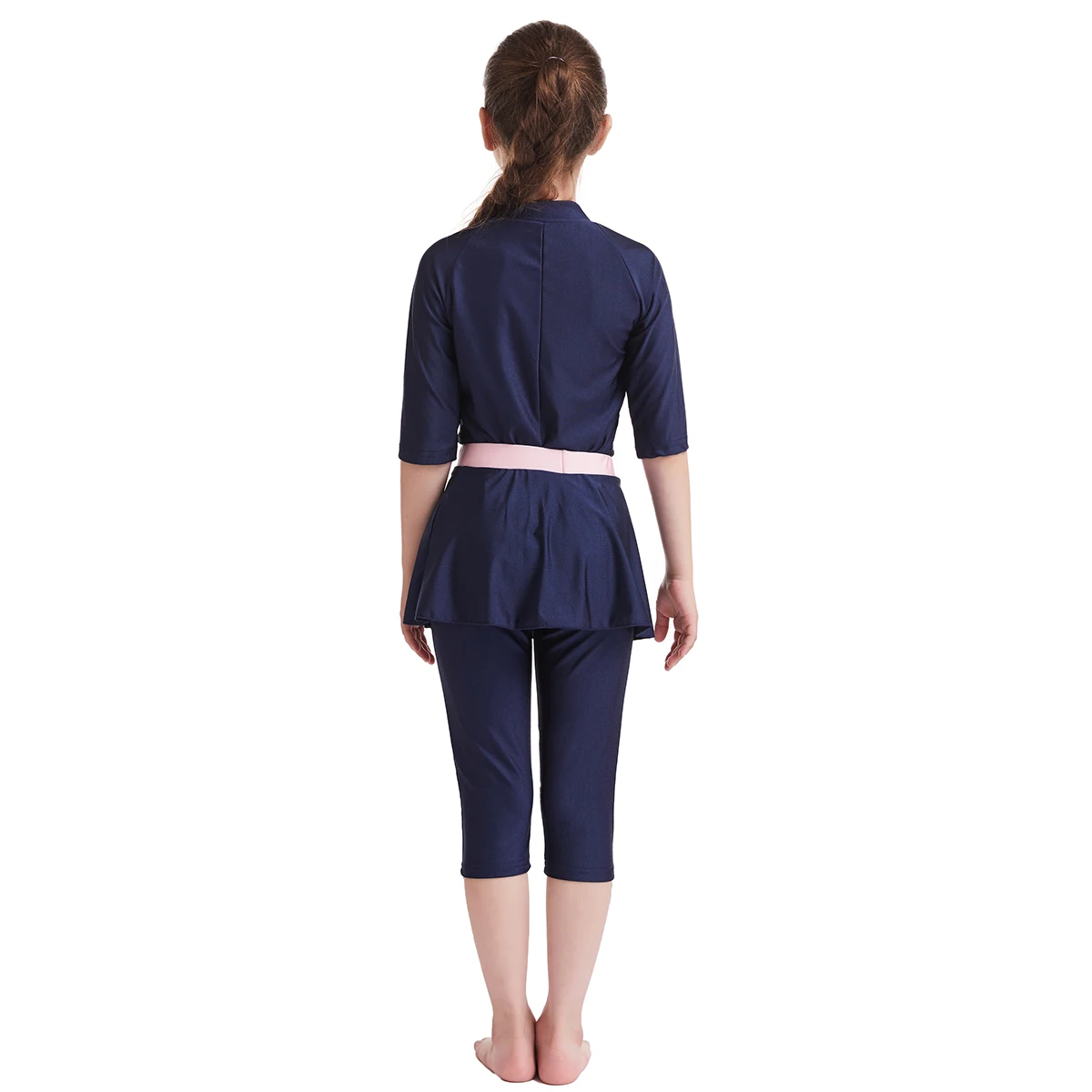 Summer Muslim Girls Color-matching Half Sleeves Zipper Jumpsuits Swimming Clothes 3-12 Years 3 PCS Swimsuits