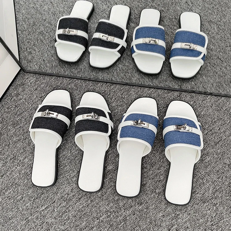 여성용 금속 버클 데님 샌들, 비치 플랫 슬리퍼, 여름 슬리퍼
