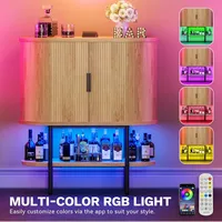 Bar Cabinet with LED Lights, Oval-Shaped Wine Bar Table with 2 Glass Holders, 4 Wine Racks, Open Shelf, Fluted Coffee Bar Liquo 3