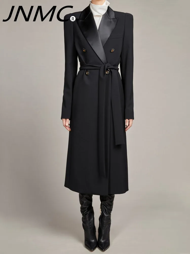 

JNMC Women's Winter Lace-up Belted Double Breasted Black Coat With Long Trench Coat Showing Height And Slimming 2024 New