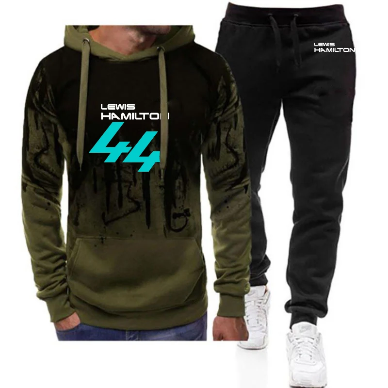 

Autumn And Winter New F1 Driver Lewis Hamilton Digital 44 Logo Print Gradient Hooded Hoodies+Joggers Solid Color Sweatpants Suit
