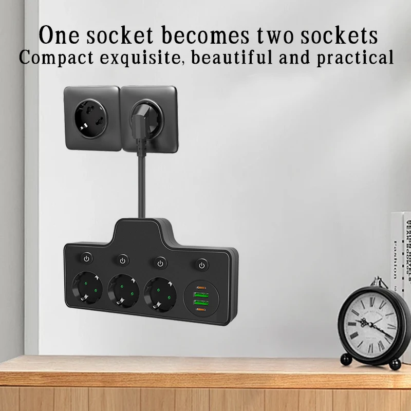 EU Plug Power Strip With 3 AC Outlets+ USB Port+ Type C Socket Adapter Wall Charger for Home Office Network Filter Fast Charging