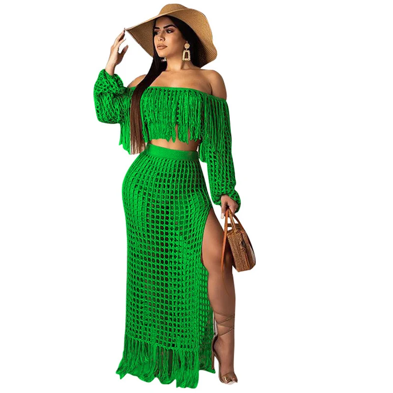 Hollow Out Mesh Plait Beach Long Skirt Tassel Splice Ultra Short Tops Women Casual Two Piece Sets Sweet Style Solid Color Suits tony style samsung galaxy s21 ultra tony style со скейтом