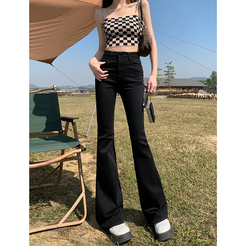 XS-XL Size Women's Stretch Loose Full Length Jeans Wide Leg Flare Pants  Korean Streetwear Black Blue Retro Denim Trousers Baggy - AliExpress