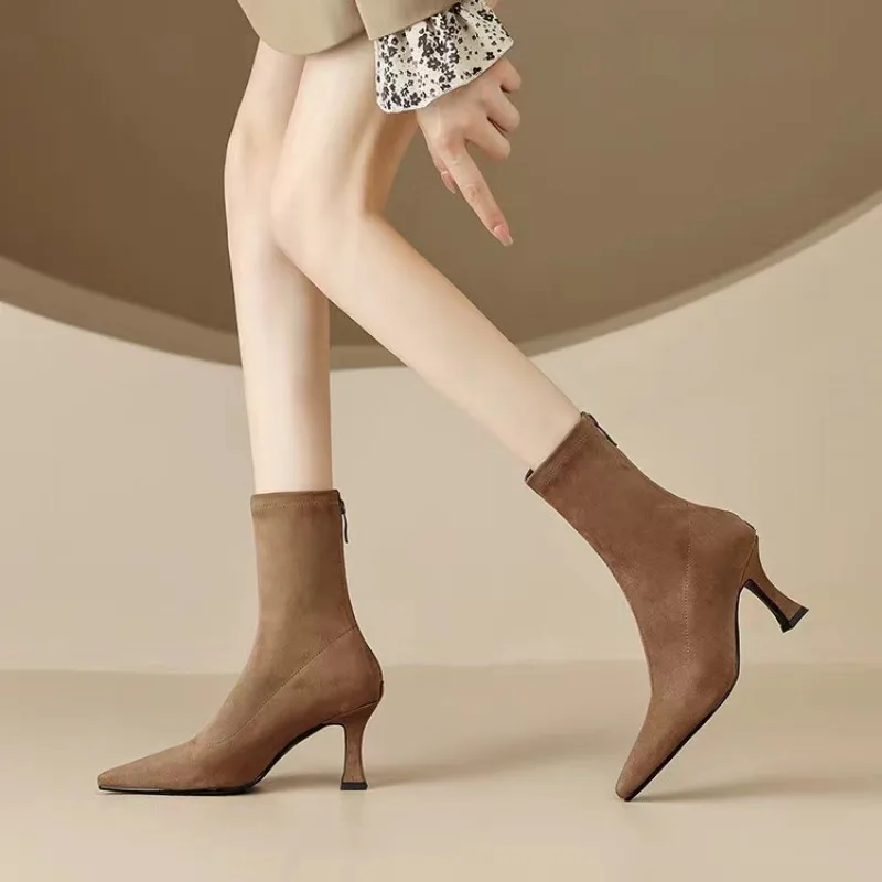 

Sexy Short Boots Winter Women's Boots Hot Sale Shoe Pointed Toe Thin High Heels British Style Zipper Ladies Shoes Botas De Mujer