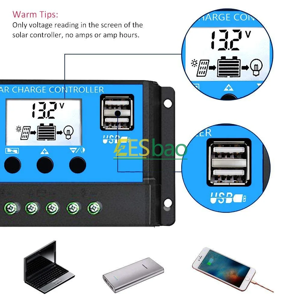 Solar Charge Controller 60A 12V/24V Voltage Regulator Solar Panel Photovoltaic Home with PWM Solar Charger LCD Display Dual USB