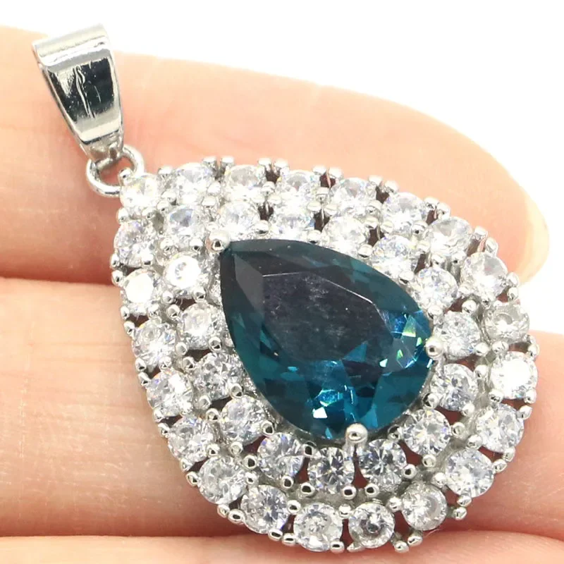6g Real Customized 925 Solid Sterling Silver  PENDANT Drop Shape Spessartine Garnet Rich Blue Aquamarine London Blue Topaz CZ Gi