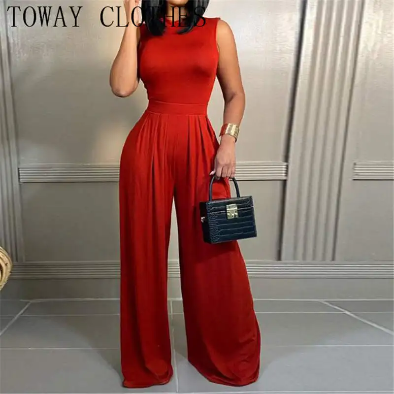 

Women Solid Elegant Sleeveless Small V- Neck Back Hollow-out Loose Leg Sexy Jumpsuit Bodysuit And Long Pants 2PC Set