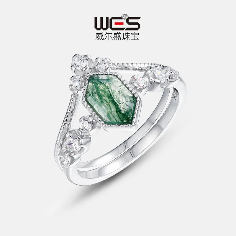 

New Geometry Natural Green Moss Stone Layered Ring S925 Silver Water Grass Agate Pair Ring with European and American Style