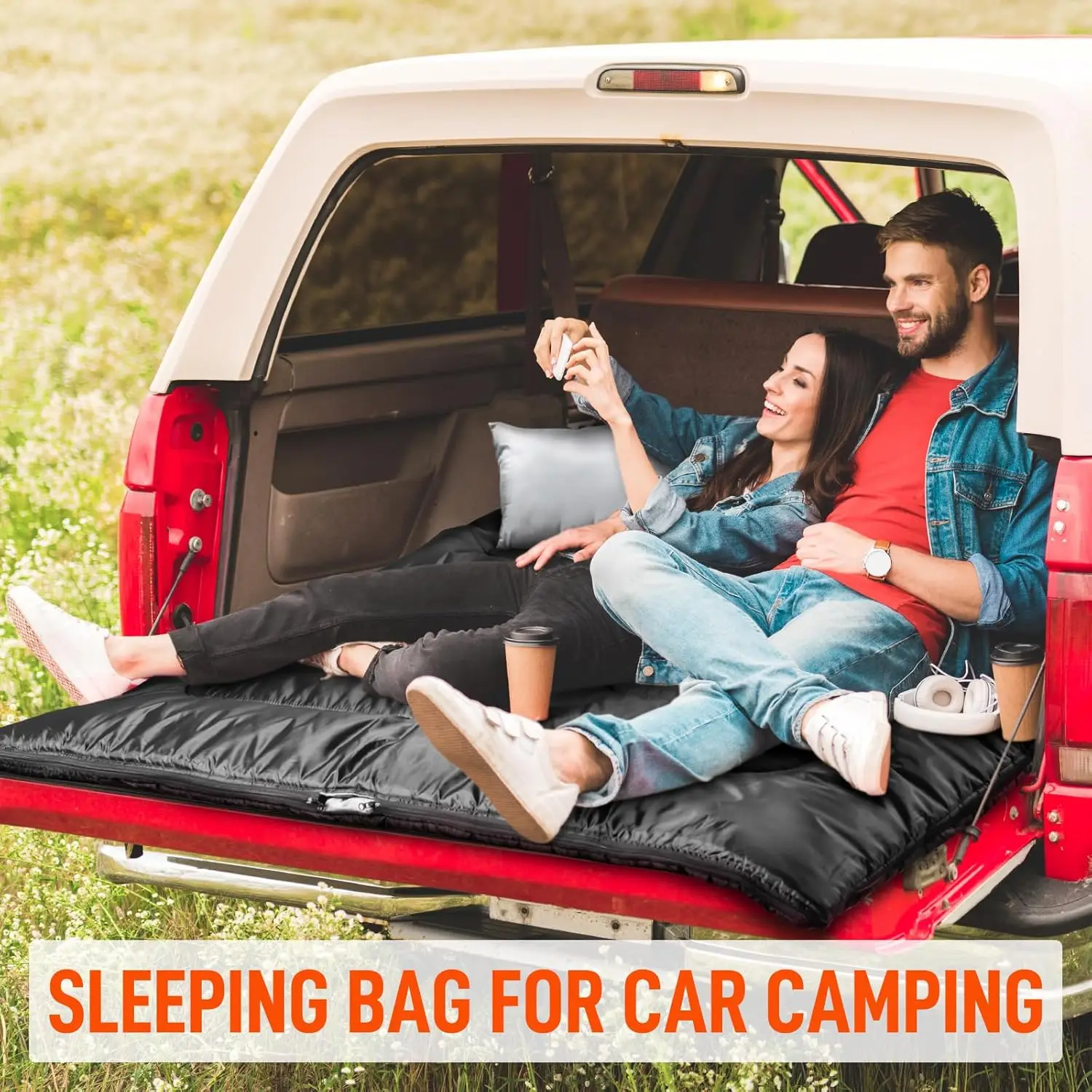 Double Sleeping Bag for Adults Mens with Pillow, XL Queen Size Two Person Sleeping Bag for All Season Camping Hiking Backpacking
