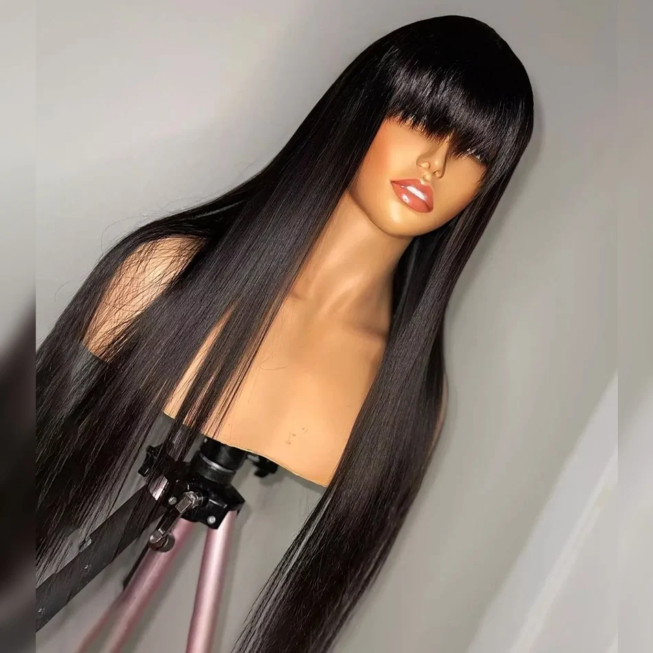 Silky Straight Human Hair Wigs With Bang Full Machine Made Wigs 8-30inch Natural Color AHJF Peruvian Remy Human Hair Wigs 220% 3