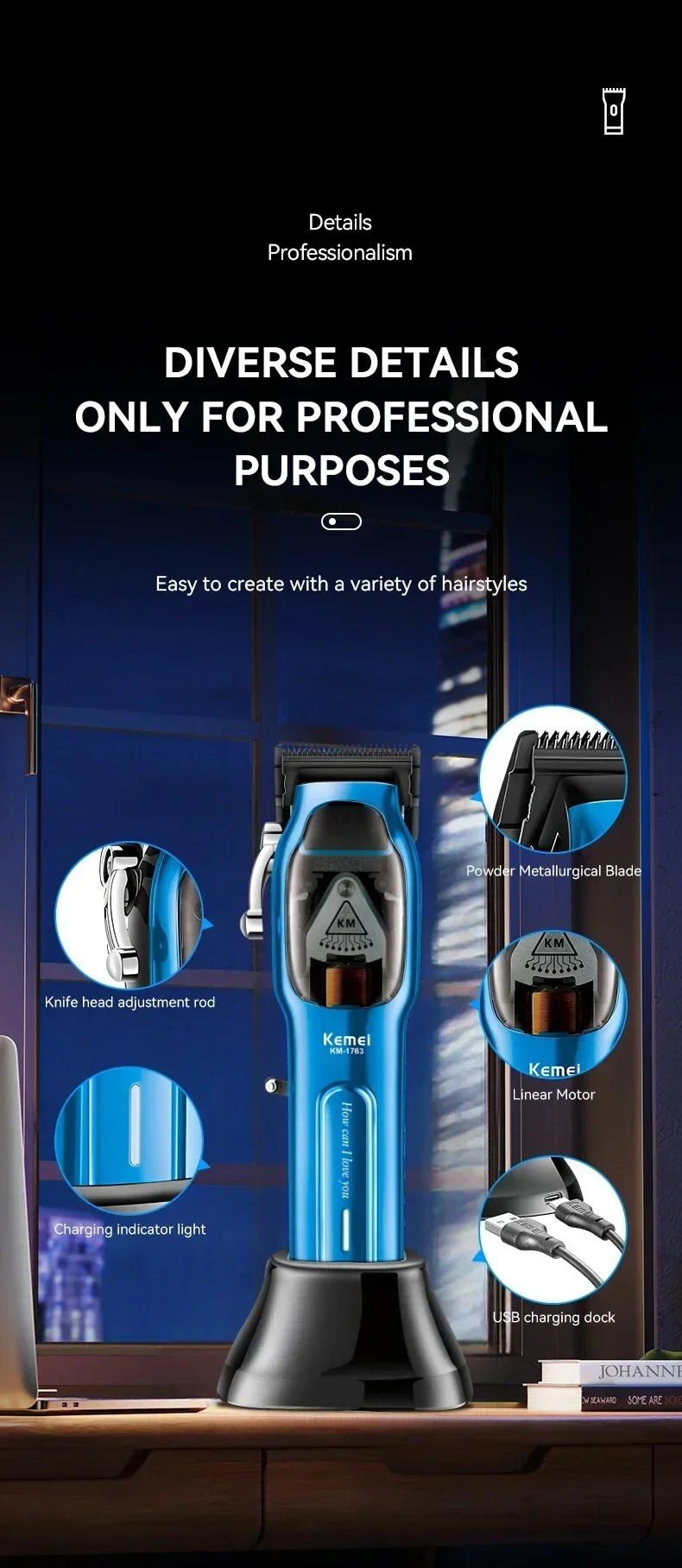 Description Picture 5 of itemKemei KM-1763 Professional Hair Clipper Adjustable Hair Trimmer For Men Barber Shop Electric Beard Haircut Machine Rechargeable