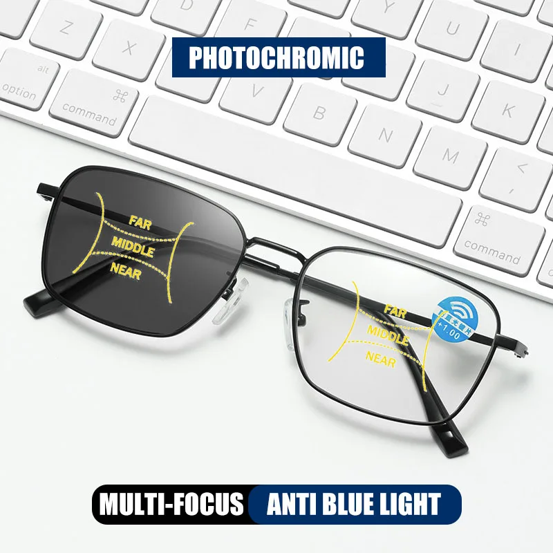 

HUYING Full Frame Photochromic Progressive Multifocal Reading Glasses Men Women Anti Blue Light Prescription Eyeglasses