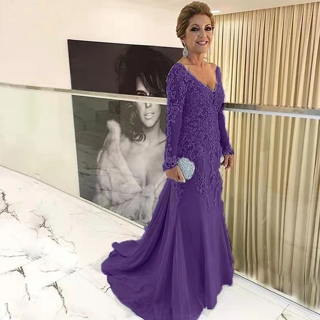 Mother Bride Dresses Gold Lace Mermaid Long Sleeves Applique V Neck Wedding Formal Party