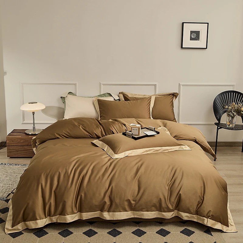 

Solid Color Satin Fabric Cotton Bedding Set Broad Side Duvet Cover Linen Fitted Sheet Pillowcases Home Textiles