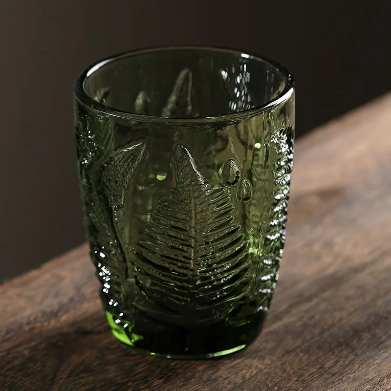 290ml 10oz Vintage Green Leaf Embossed Colored Side Glass Whiskey Water Glass Cup Heavy Thick Glassware Tumbler 1 Piece