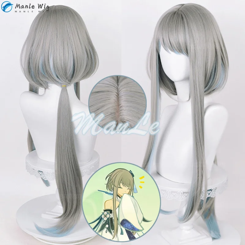 

High Quality Game Genshin Impact Guizhong Cosplay Wig 90cm Grey Blue Heat Resistant Hair Cosplay Guizhong Genshin Wigs + Wig Cap