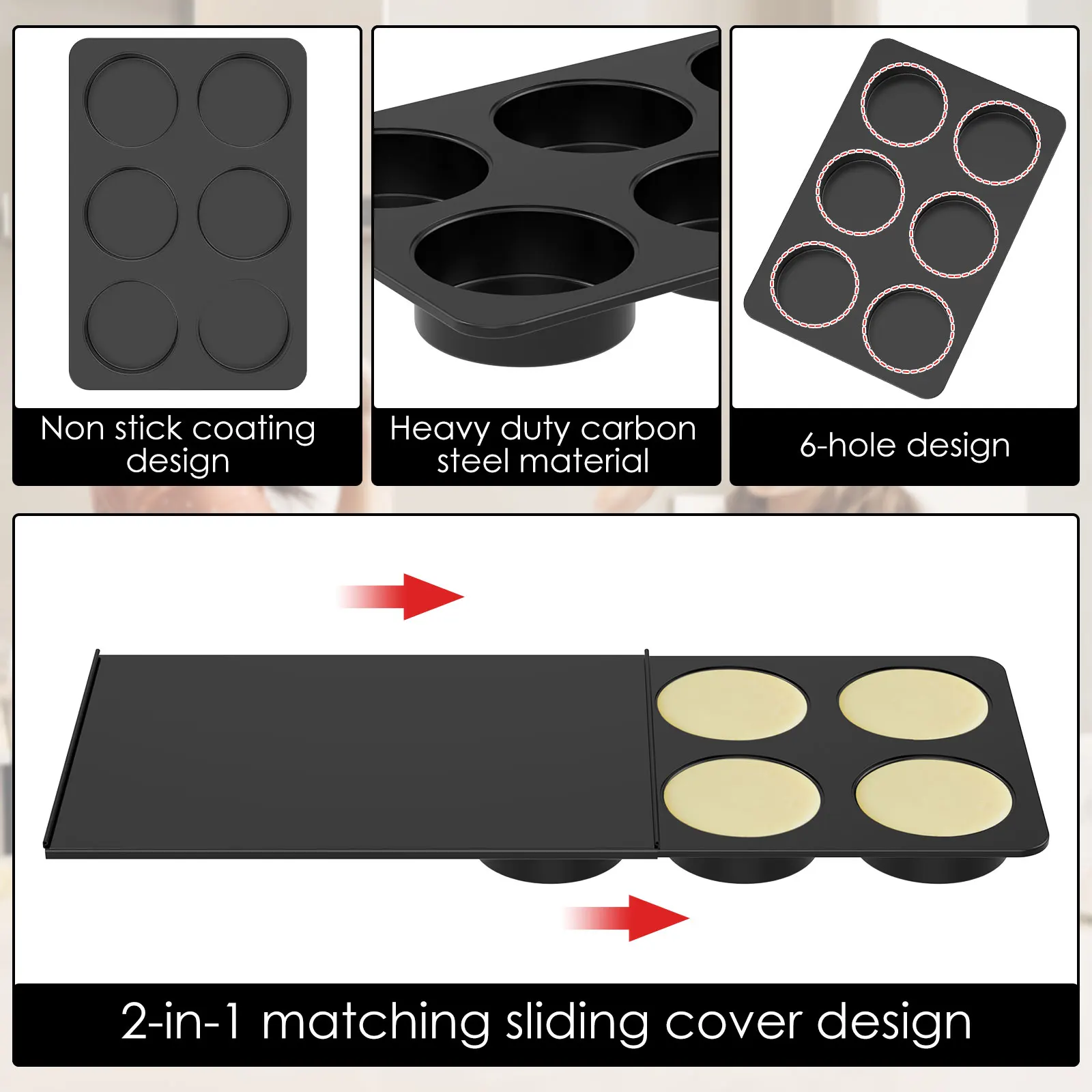 6 Holes Cake Pans Reusable Muffin Top Pan with Sliding Lids Carbon Steel Baking Pan Nonstick Easy Clean Baking Trays for Kitchen