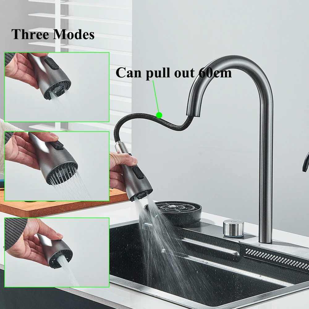 Kitchen Accessories Kitchen Sink Kitchen Sink Faucet Set Waterfall Kitchen Sink 304 Stainless Steel Large Single Slot Integrated Faucet Set Soap Dispenser Cup washer With Fancet