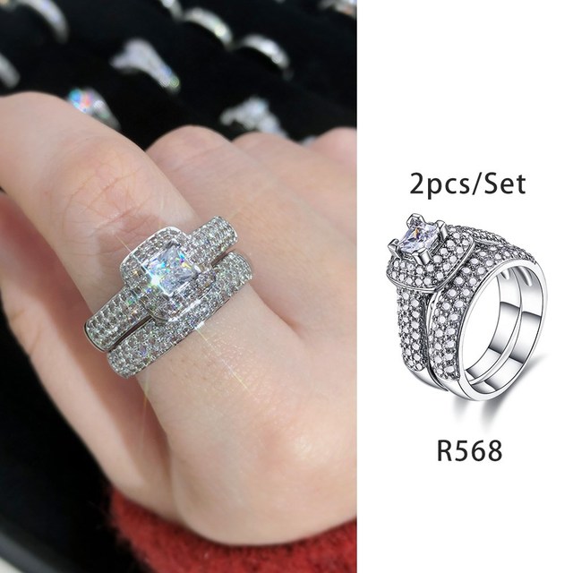 Luxury Diamond Promise Ring Set for Women Bridal Silver Color Big Zircon Proposal Marriage Wedding Cocktail Ring Jewelry