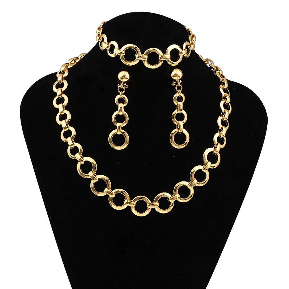 24K Placcato Oro Rotondo Cerchio Collegamento Collana Braccialetto Braccialetto Orecchini Gioielli Set Indiano Dubai Donne Festa Matrimonio Regali Da 