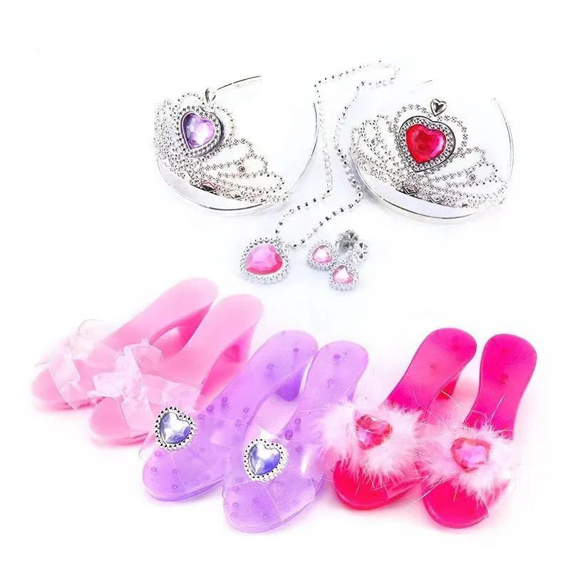 Girls Princess Dress Up Pretend play Jewelry Toys Set Of Princess Crystal Shoes Crown Bracelet Necklaces Role Play for Kids
