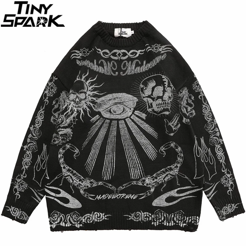 2025 힙합 니트 스웨터 streetwear 로즈 아이 전갈 프린트 찢어진 풀오버 남성 하라주쿠 코튼 캐주얼 가을 스웨터 해골