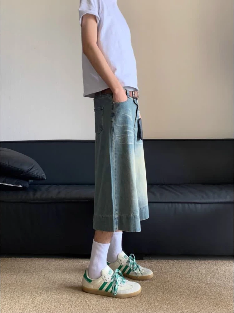 ADAgirl Vintage Wide Leg Denim Shorts Women Harajuku Fashion Oversize Low Waist Do Old Summer Pants Y2k Causal Knee Length Jeans