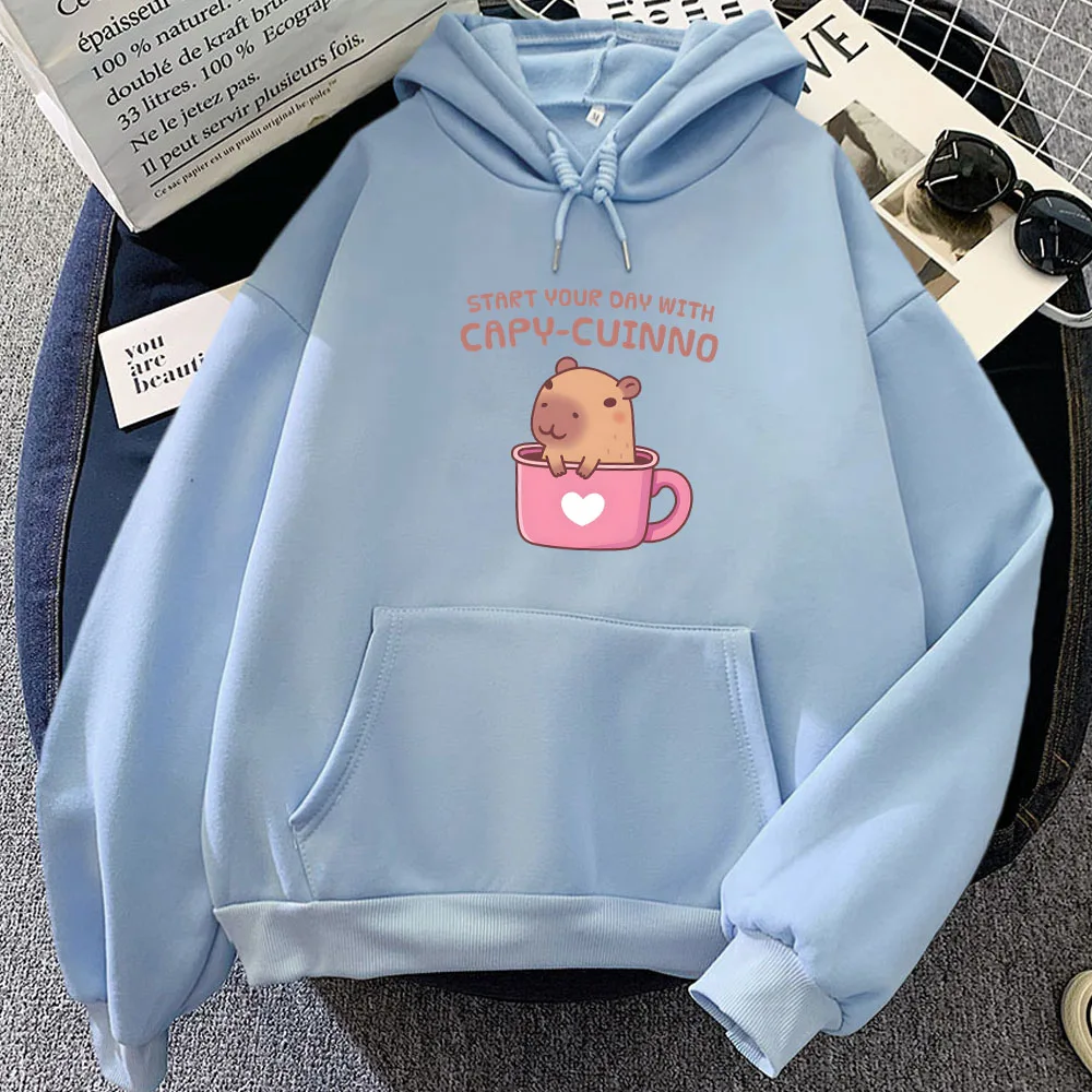 Cute Capybara Kawaii Printing Hoodies Start Your Day with CAPY-CUINNO Sweatshirts Casual Long Sleeve Women Clothing Sudaderas