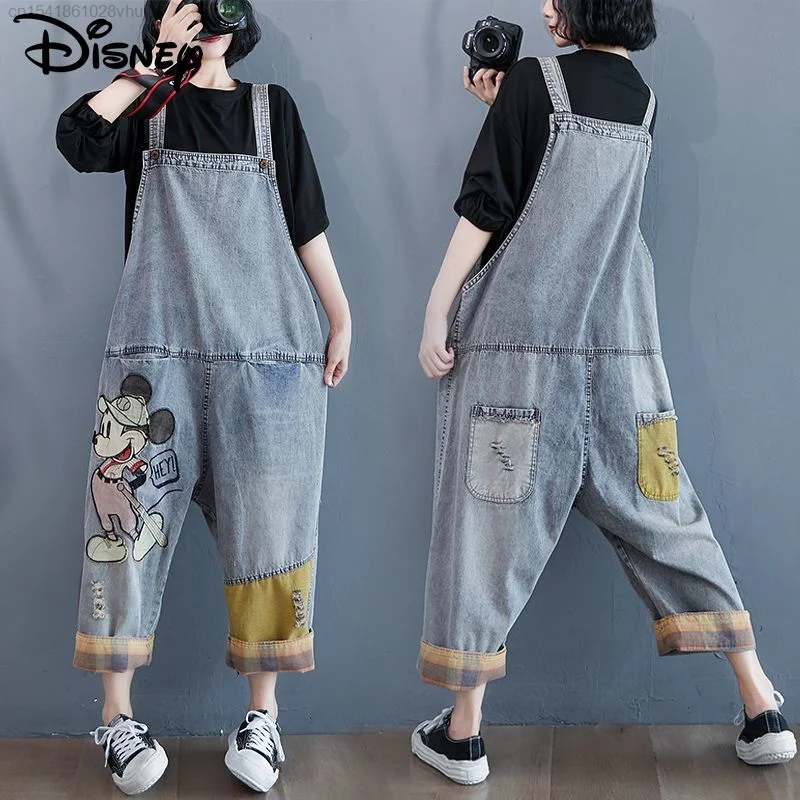 Disney Mickey Mouse Loose Denim Overalls Women's Vintage Long Wide Leg Jumpsuits Pants Plus Size Outwears Jump Suit Y2k Style