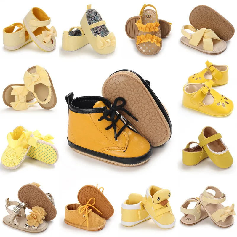 Yellow Newborn Baby Shoes Baby Boy Girl Shoes Girl Classic Bowknot Rubber Sole Anti-slip PU Shoes First Walker Toddler Shoes
