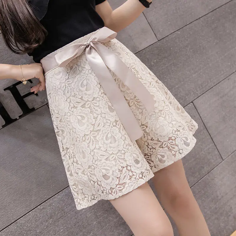 Summer New Korean Fashion Slim Wide Leg Lace Shorts Women's Solid Zipper Bow Drawstring Temperament Casual Loose A-line Pants