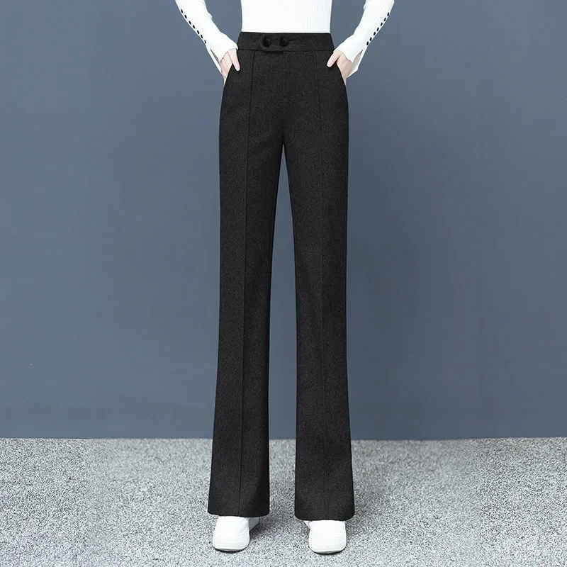 Women Winter Casual Big Size Thick Wool Blend Straight Pants New High Waist Loose Trousers Korean style Woolen Wide Leg Pants