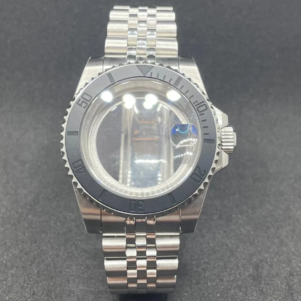 Elegant 40MM Stainless Steel Watch Case with Solid Bracelet and Glide Lock Clasp