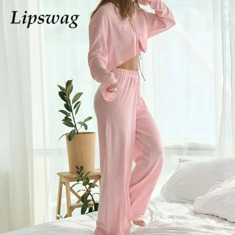 

Fashion Versatile Suit Breathable Jacquard Long-Sleeved Exposed Navel Pajamas And Trousers Two-Piece Set Casual Loungewear Suit