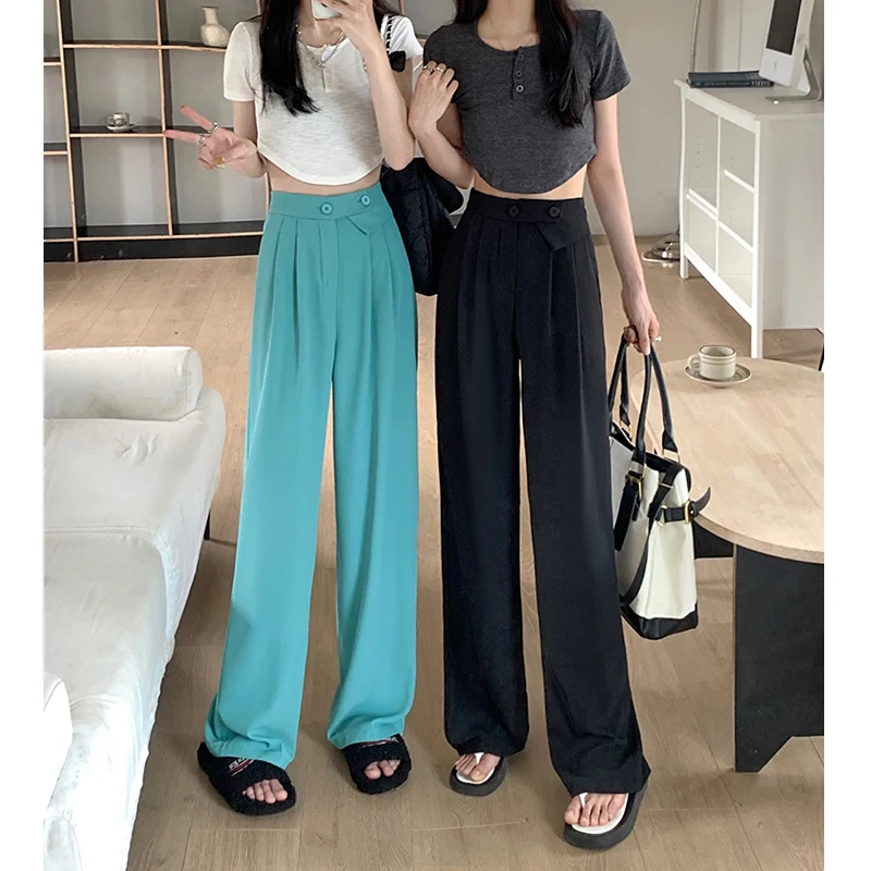 

NEW Women Urban Slouchy High Waist Drape Straight Suit Pants Ladies Casual Polyester Vertical Wid Leg Long Pants Trousers