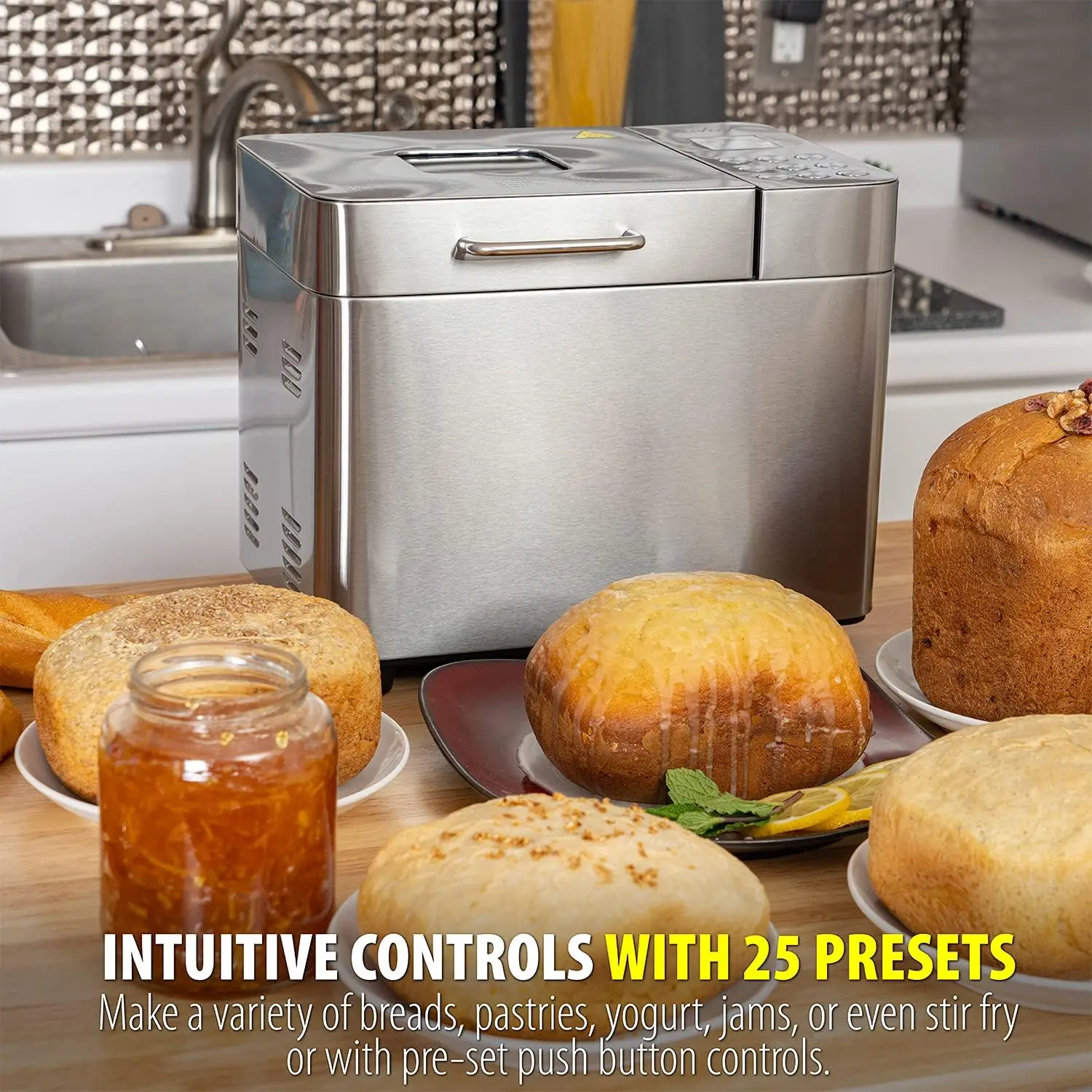 Chef 2 LB Stainless Steel Bread Maker with 25 Smart Cooking Programs and Included Accessories, Measuring Cup
